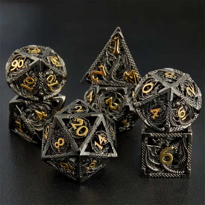 Metal Dice Set Simple Hollow Dragon in Chrome and Gold (DCPHMT31)