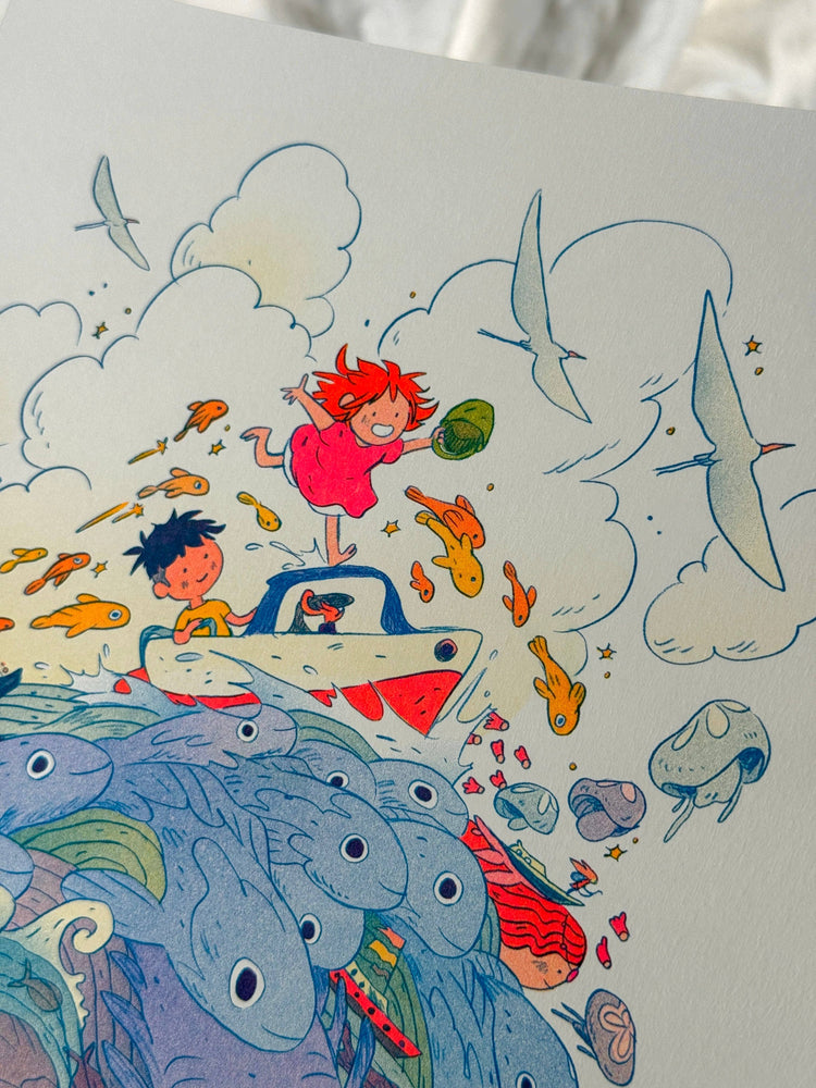 Ponyo on the Cliff by the Sea ~ Small Riso Print