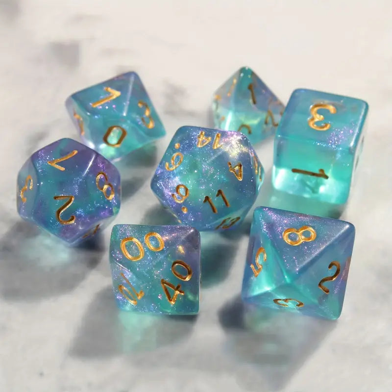Acrylic Dice Set Aqua and Lavender Shimmer (DCPHAC22)