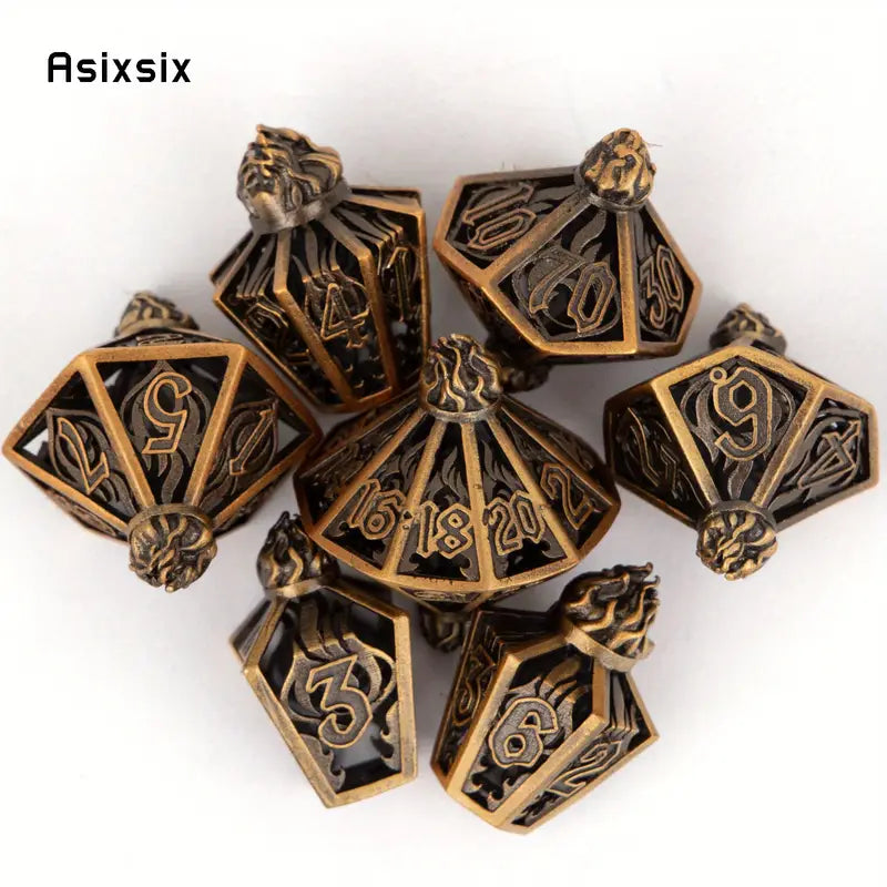 Metal Dice Set Lantern Flame Design in Yellow Bronze (DCPHMT16)