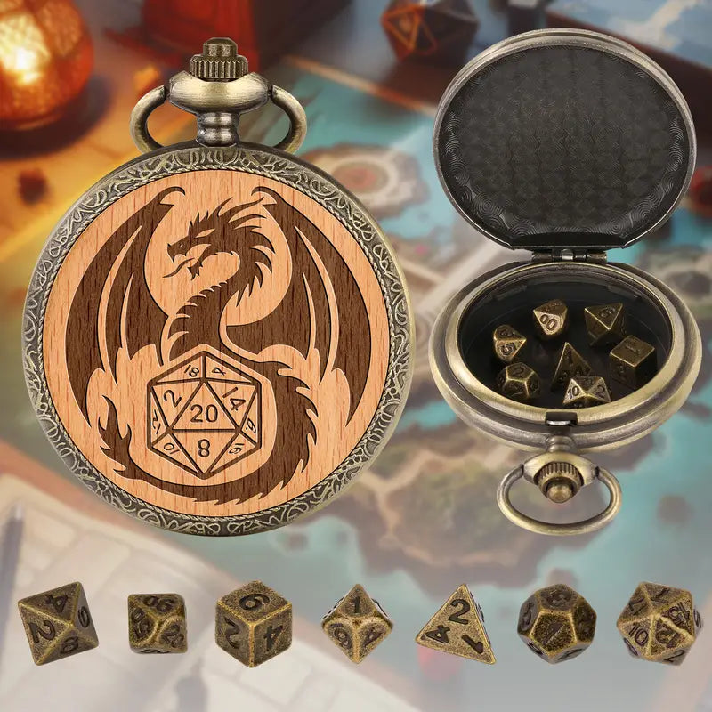 Pocket Watch with Dragon Art and Mini Dice Set