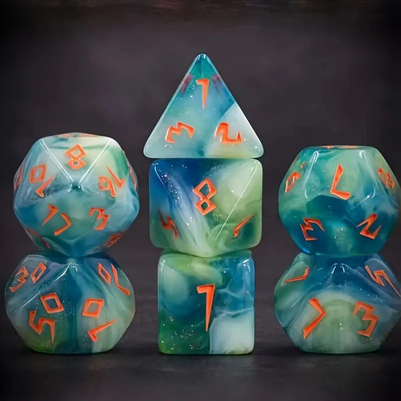 Acrylic Dice Set Marbled Green and Blue