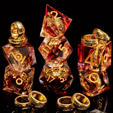 Resin Dice Set Transparent Red with Gold Ring Core (DCPHRE8)