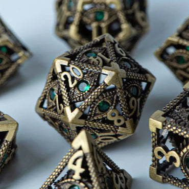 Metal Dice Set Hollow Dragon Eye Gem in Bronze and Green (DCPHMT26)