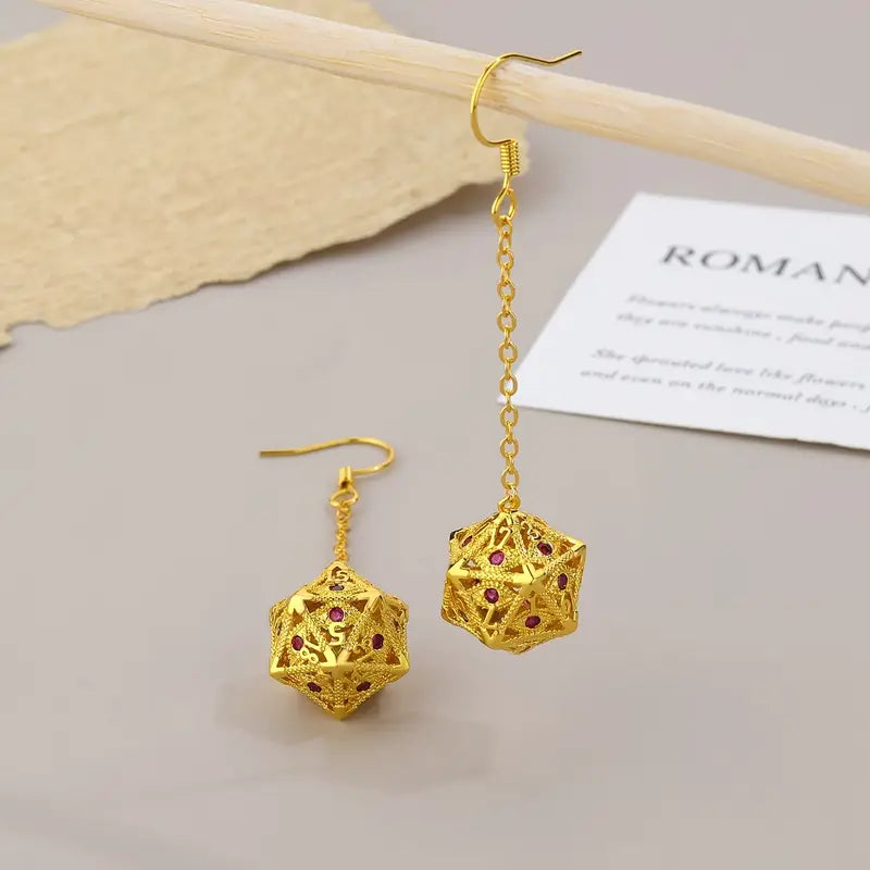 Earring Gold D20 Gem Dangles Red (EADADT1)