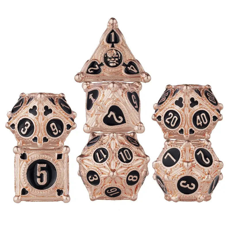 Metal Dice Set Poker Theme in Rose Gold and Black (DCPHMT22)