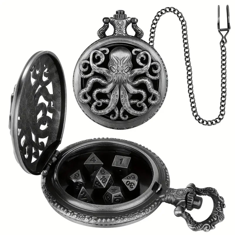 Pocket Watch Hollow Carved Octopus and Mini Dice Set