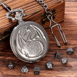 Pocket Watch Dragon on D20 Art with Mini Dice Set (JWPWDR2)