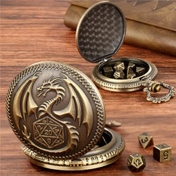 Pocket Watch Dragon on D20 Art with Mini Dice Set (JWPWDR2)