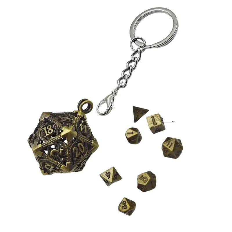 Keychain D20 Ancient Bronze Dragon Locket with Mini Dice Set
