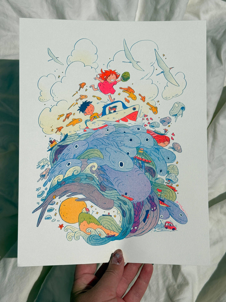 Ponyo on the Cliff by the Sea ~ Small Riso Print