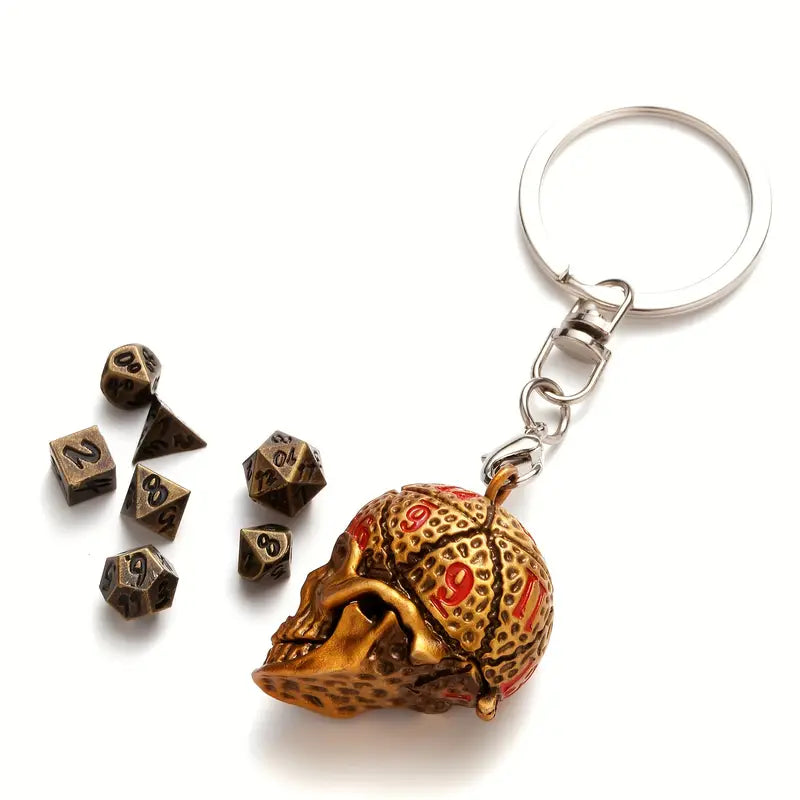 Keychain Skull Locket in Gold with Mini Dice Set