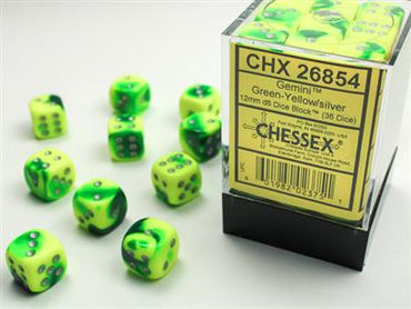12mm D6 Dice Block (36) - Gemini Green-Yellow w/ Silver (CHX26854)