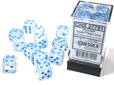 16mm D6 Dice Block (12) - Borealis Icicle w/ Light Blue (CHX27781)