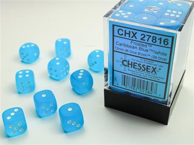 12mm D6 Dice Block (36) - Frosted Caribbean Blue w/ White (CHX27816)