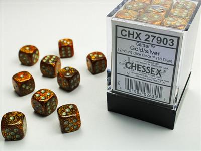 12mm D6 Dice Block (36) - Glitter Gold/Silver (CHX27903)