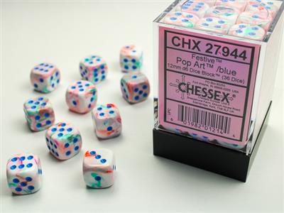 12mm D6 Dice Block (36) - Festive Pop Art w/ Blue (CHX27944)