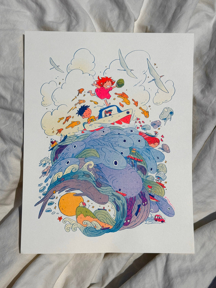 Ponyo on the Cliff by the Sea ~ Small Riso Print