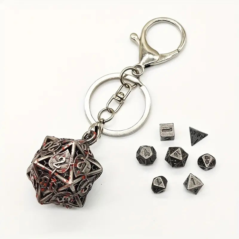 Keychain D20 Nickel Leaf Locket with Mini Dice Set