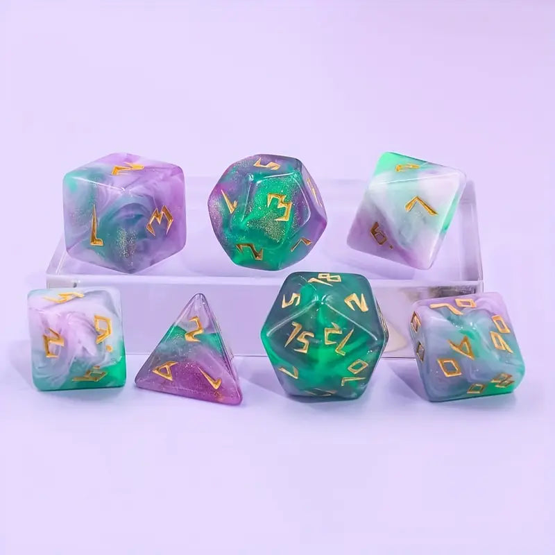 Acrylic Dice Set Marbled Purple and Green (DCPHAC13)