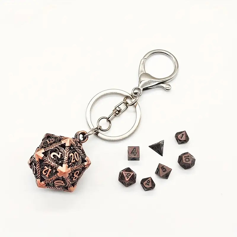 Keychain D20 Red Bronze Dragon Locket with Mini Dice Set