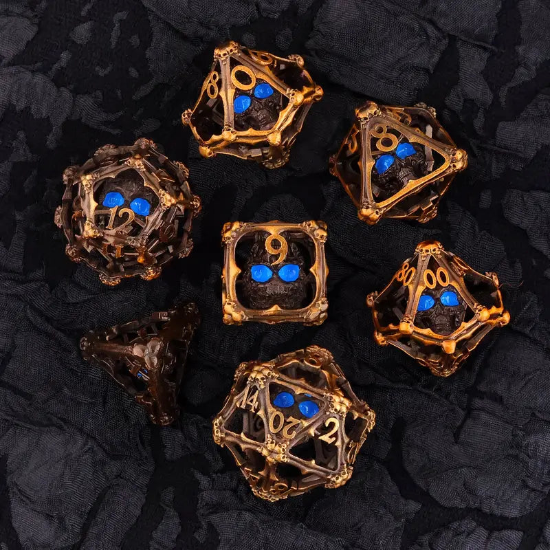Metal Dice Set 3D Skull with Glowing Eyes in Copper and Blue (DCPHMT13)