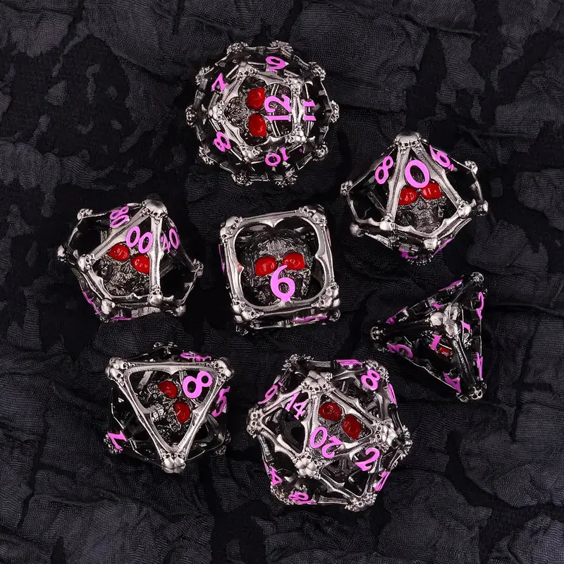 Metal Dice Set 3D Skull with Glowing Eyes in Slate and Red (DCPHMT14)