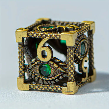 Metal Dice Set Hollow Dragon Eye Gem in Bronze and Green (DCPHMT26)