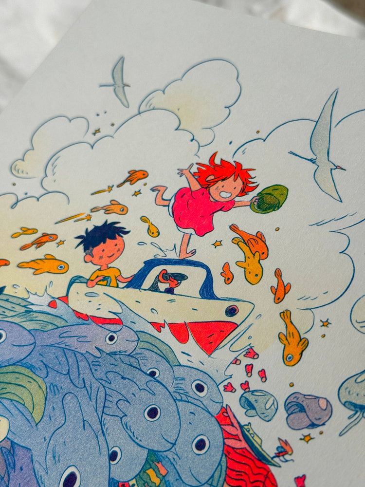 Ponyo on the Cliff by the Sea ~ Small Riso Print