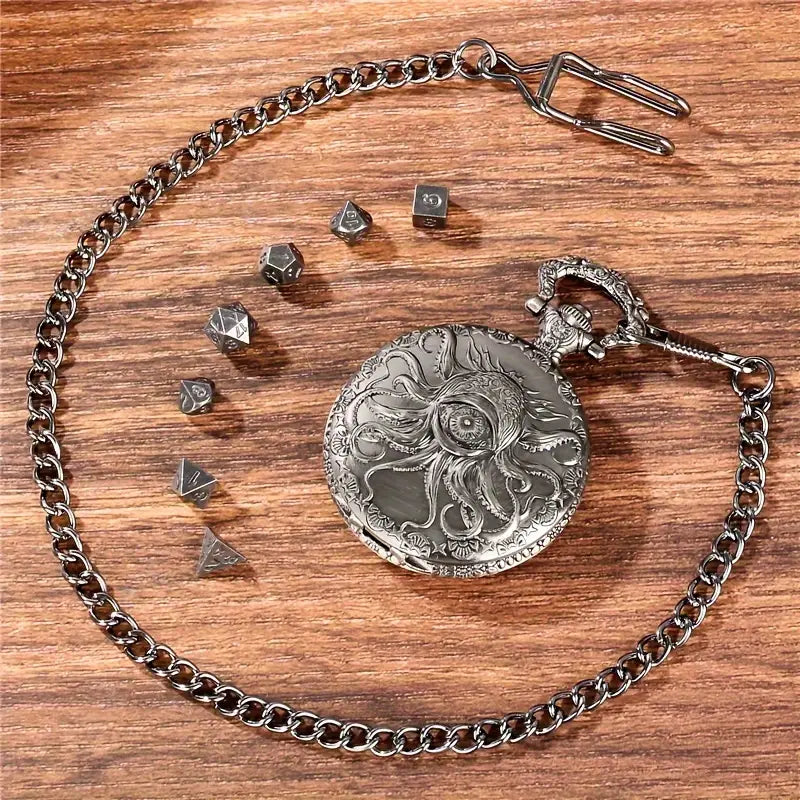 Pocket Watch Octopus Face with Mini Dice Set